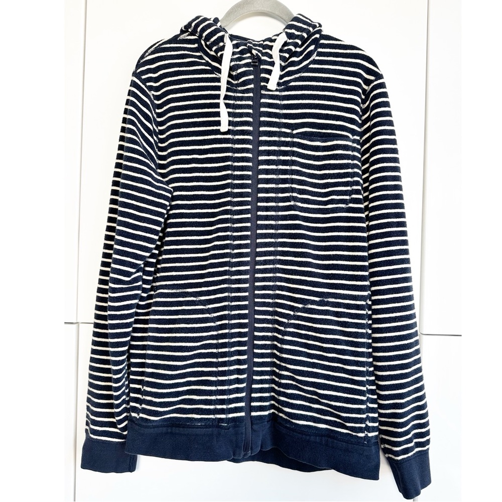 Snow Peak Terry Cloth Zip Up Hoodie Navy Cream Striped Medium Unisex